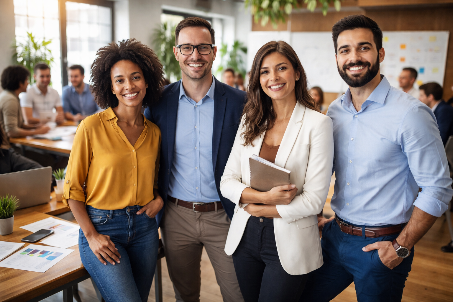 Grupo diverso de quatro profissionais sorrindo em um escritório moderno e iluminado, em frente a uma mesa de trabalho. Ao fundo, outras pessoas colaboram em um ambiente corporativo que transmite cooperação, diversidade e profissionalismo.