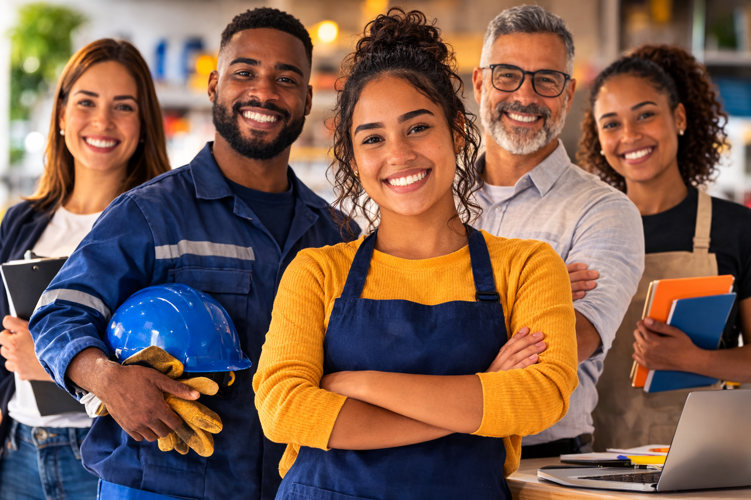 Grupo diverso de trabalhadores sorrindo em um ambiente profissional, incluindo profissionais de serviços, limpeza e manutenção, reunidos em equipe e demonstrando orgulho e colaboração no trabalho.